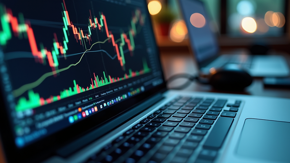 Eye-level view of a laptop screen showing stock market charts