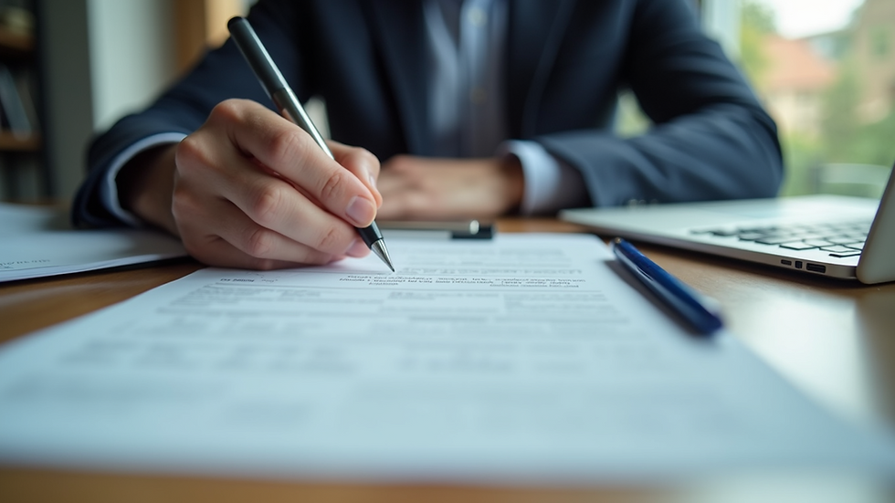 Eye-level view of a person filling out a form on a desk