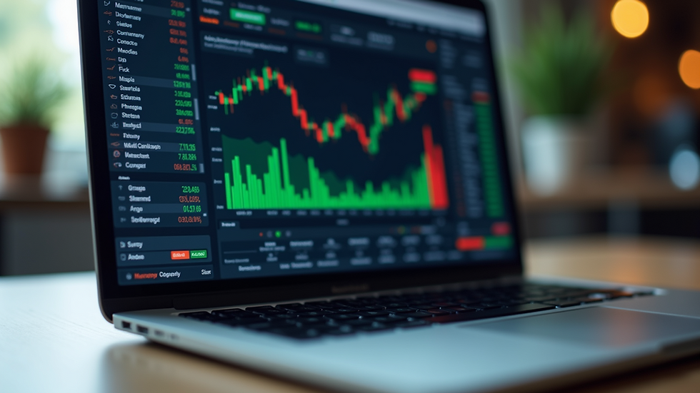 Eye-level view of a laptop screen showing a digital stock market dashboard