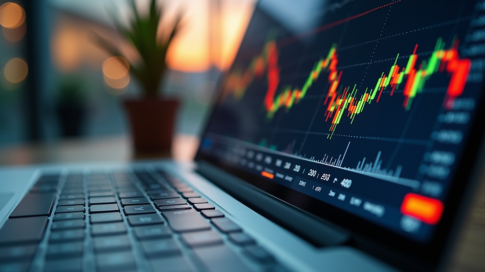 Eye-level view of a laptop screen showing stock market charts