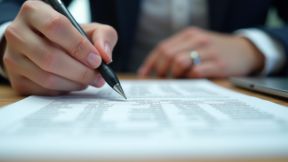Close-up view of a person filling out a financial form with a pen