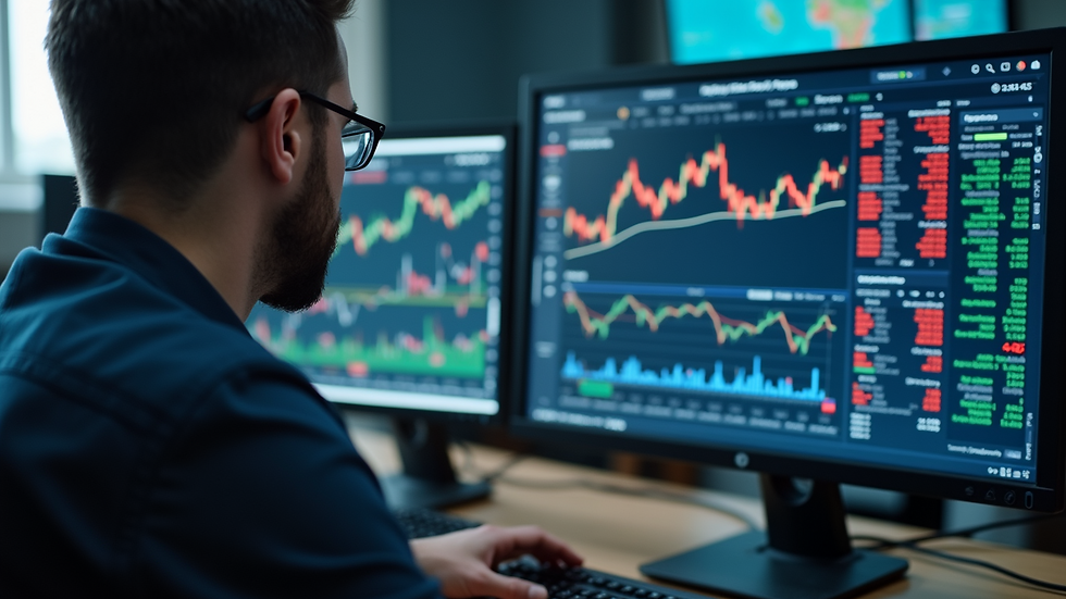 Close-up view of a trader analyzing stock data on a computer