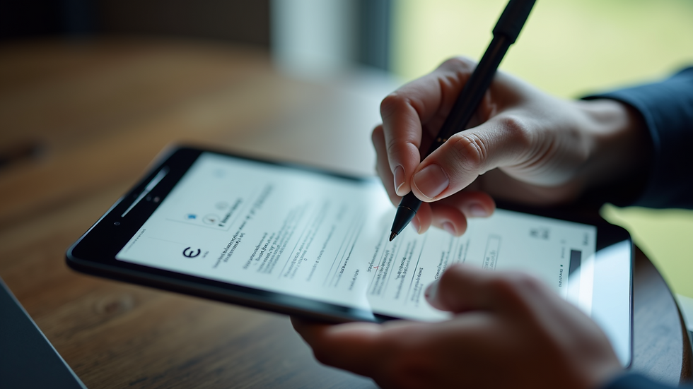 Close-up view of a person filling out an online form on a tablet