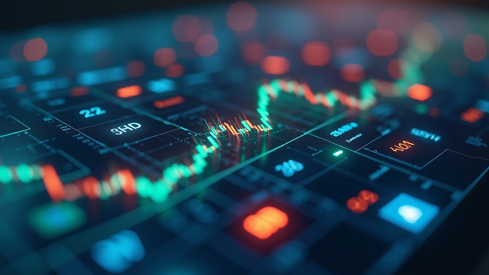 High-angle view of various stock market icons representing digital investments
