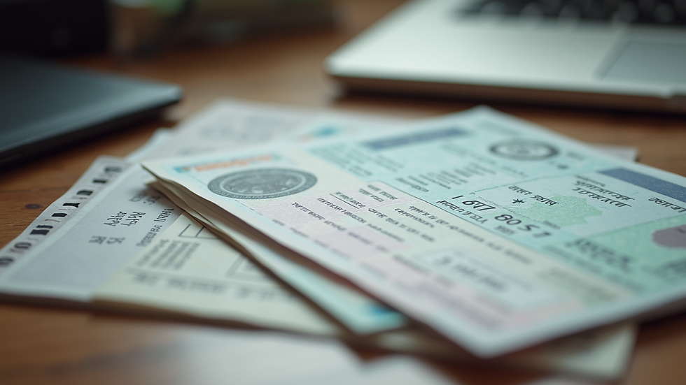 Close-up view of a stack of Indian identity documents and bank cheque