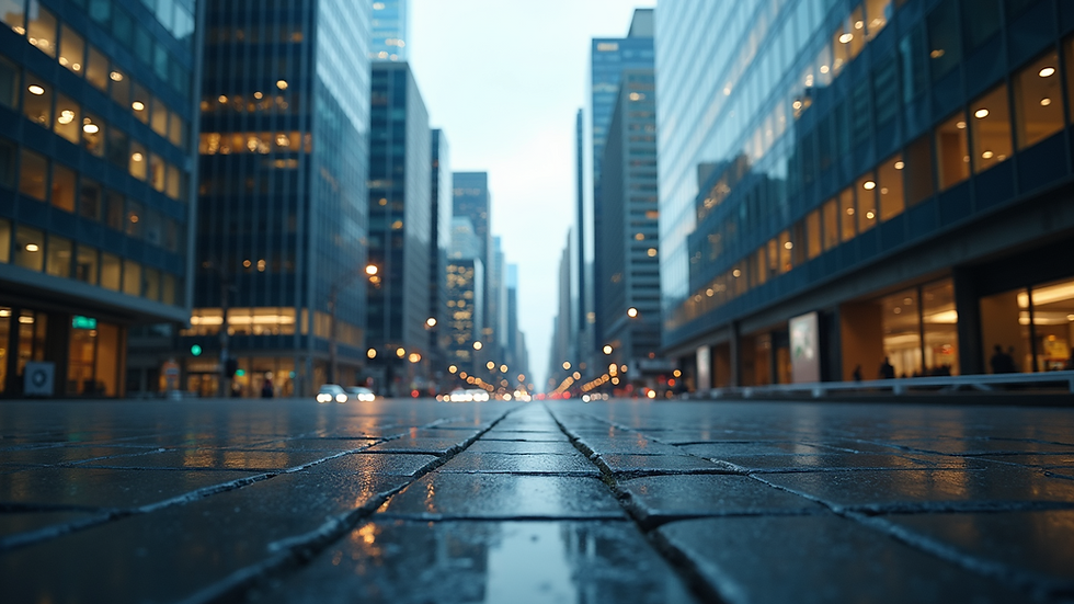 Eye-level view of a modern financial district skyline