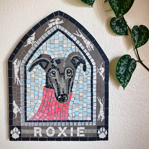 Mosaic portrait of a whippet, playful pet portraits, mosaic of running dogs, mosaic art commission of a dog in a jumper