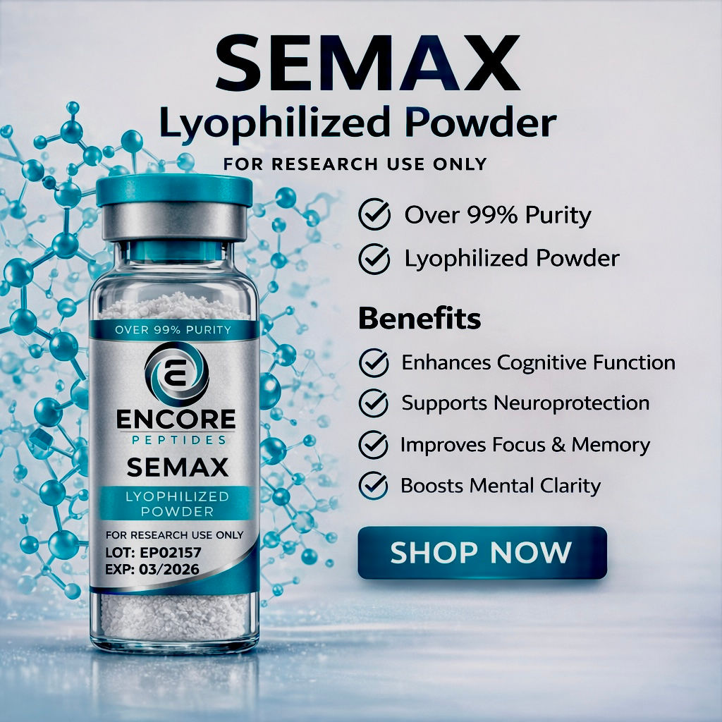 Semax nootropic peptide lyophilized powder vial studied for memory, focus, neuroprotection, and brain signaling research.