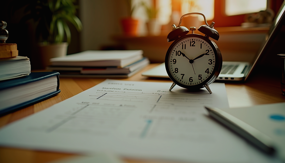 Vista em close-up de uma mesa com uma lista de tarefas desorganizada e um relógio marcando o tempo