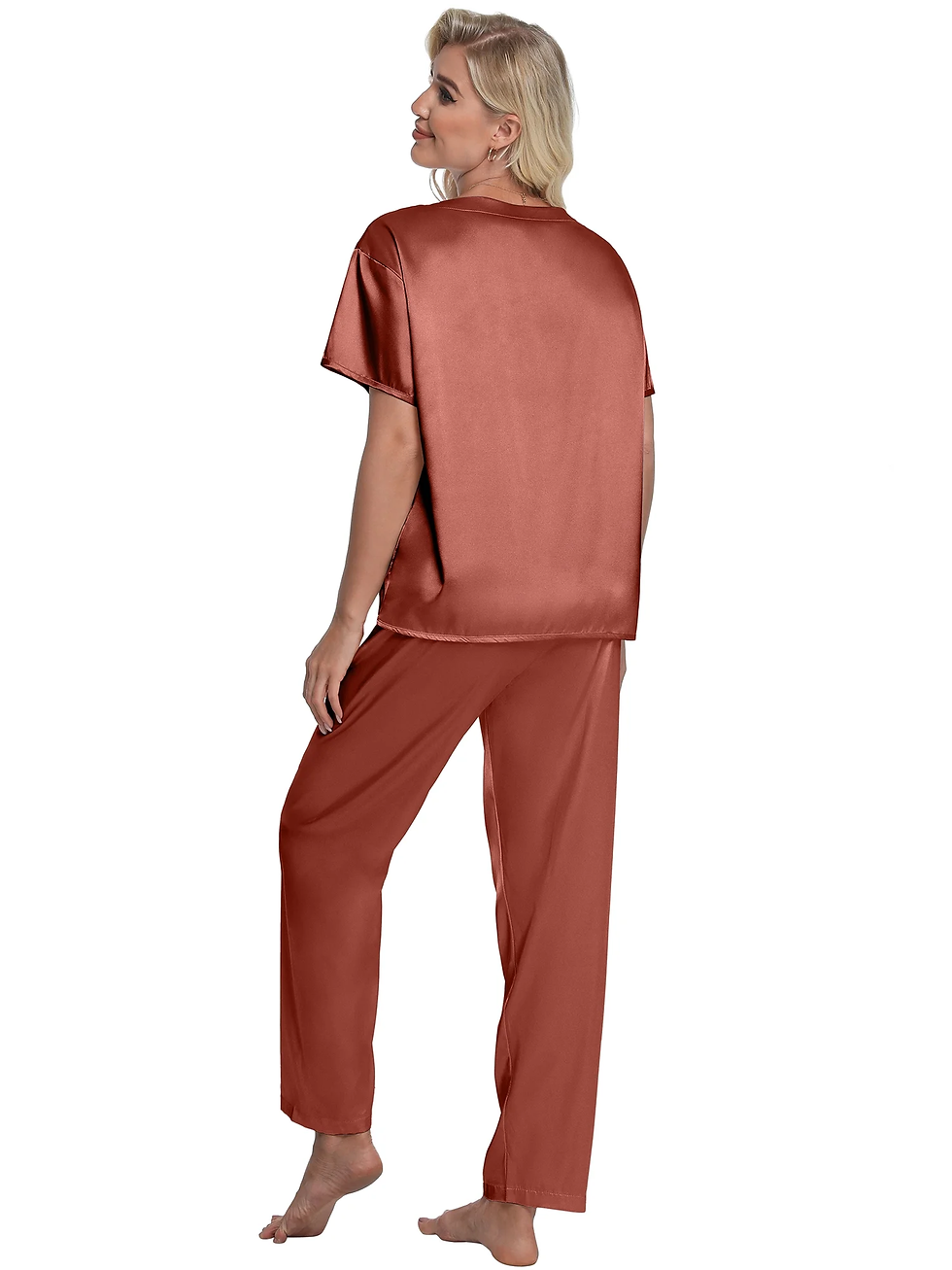 Thumbnail: Womens Silk Satin Pajama Set Short Sleeve Shirt with Long Pajamas Pant Set Two-P