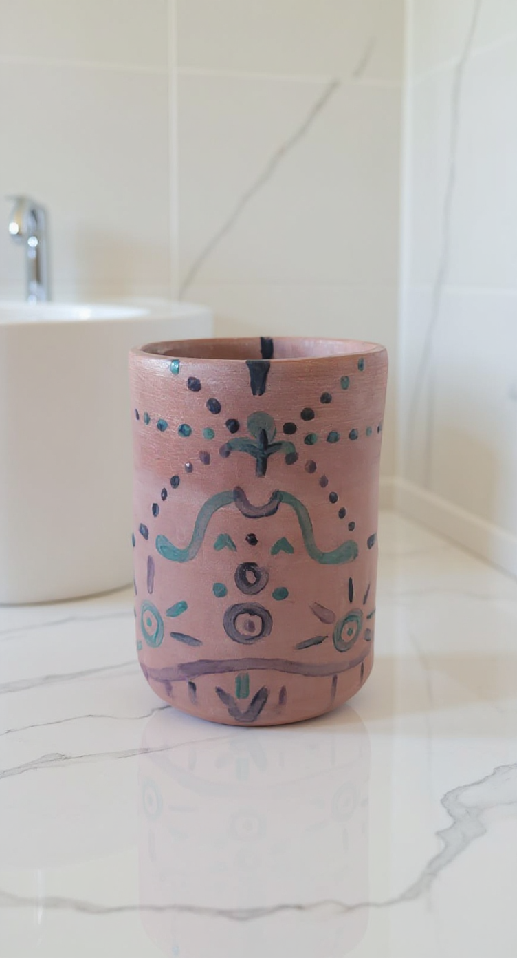 Vaso cerámico posado sobre una encimera de mármol blanco con iluminación suave, ejemplo de cómo herramientas de IA para emprendedoras pueden mejorar la estética de las fotografías de producto.