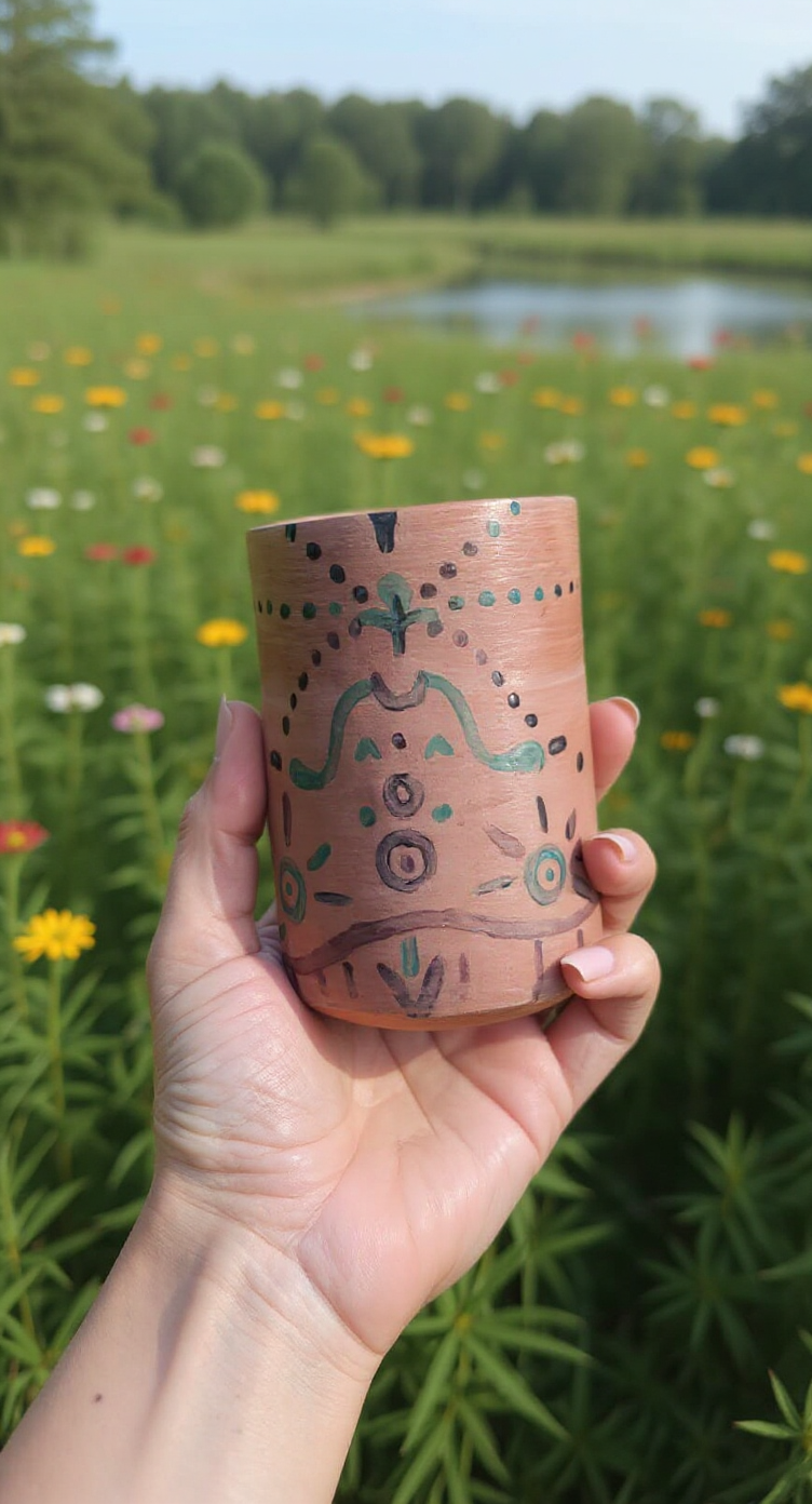 Vaso cerámico en entorno natural: Mano de mujer sosteniendo un vaso cerámico artesanal frente a un paisaje exuberante que incluye un lago y amapolas, ilustrando el potencial de las herramientas de IA para emprendedoras en la creación de imágenes de producto.