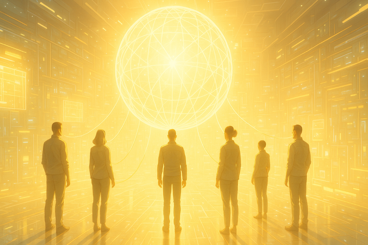 Cinco personas conectadas por una red de IA, representando distintos buyer personas, en una imagen cálida y natural, destacando la relación entre inteligencia artificial y marketing digital.