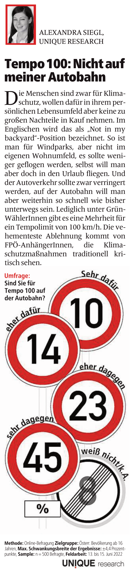 unique research peter hajek josef kalina umfrage tempolimit von 100 km/h auf autobahnen aus klimaschutzgruenden