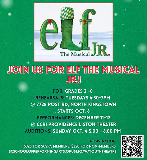 Join us for Elf the Musical Jr! For ages 7-14 Rehearsals on Tuesdays 430-730pm at 7728 Pos