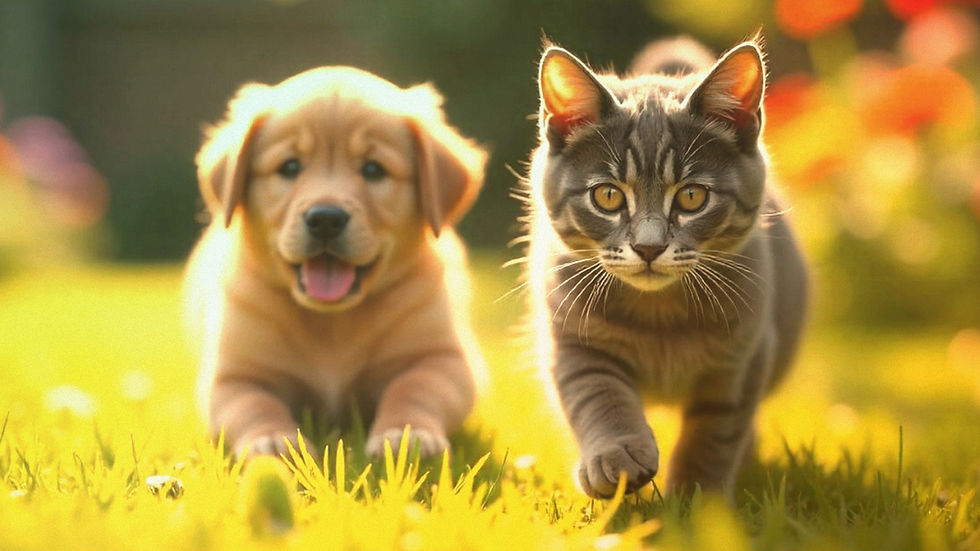 Щенок и кошка вместе на прогулке