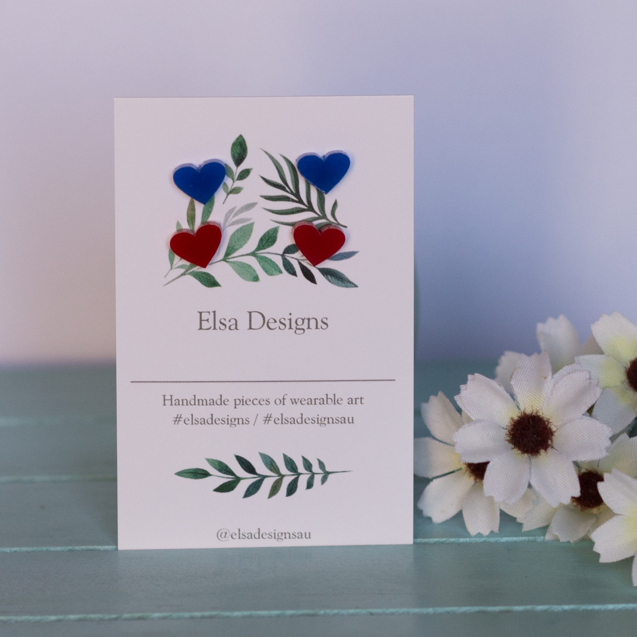 Elsa Designs - Blue & Red Heart Studs Duo