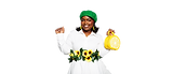 Woman in green hat, sunflower belt, and lemon purse