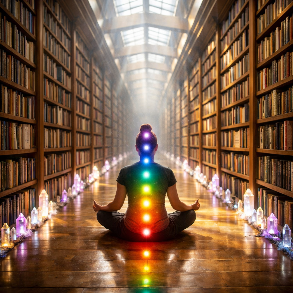 Meditating figure with glowing chakras in a vast library
