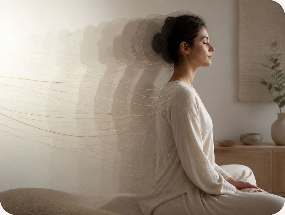 woman meditating with subtle energetics bodies coming from out her backside