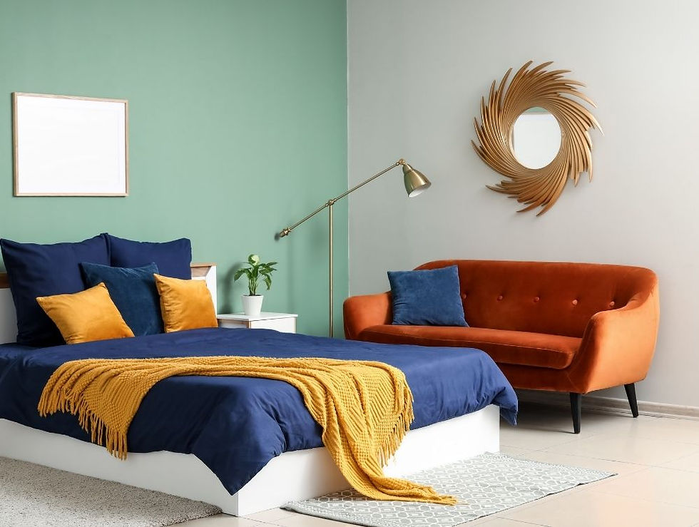 Bedroom with a blue bed, mustard throw, and pillows. Orange sofa, gold mirror, and green wall. Cozy and stylish ambiance.