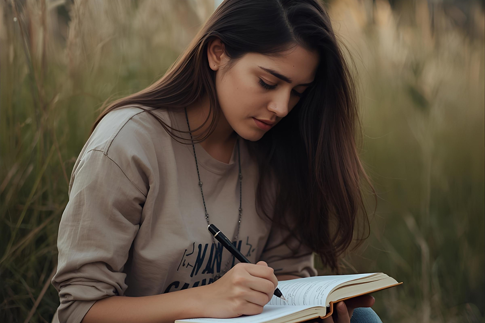 Young woman writing in a notebook in a grassy field, wearing a beige shirt. She appears focused and contemplative.
