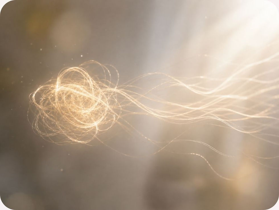 A glowing, tangled ball of light trails across a soft, beige background, creating a serene and ethereal atmosphere.