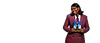 Smiling woman in red suit holding a book