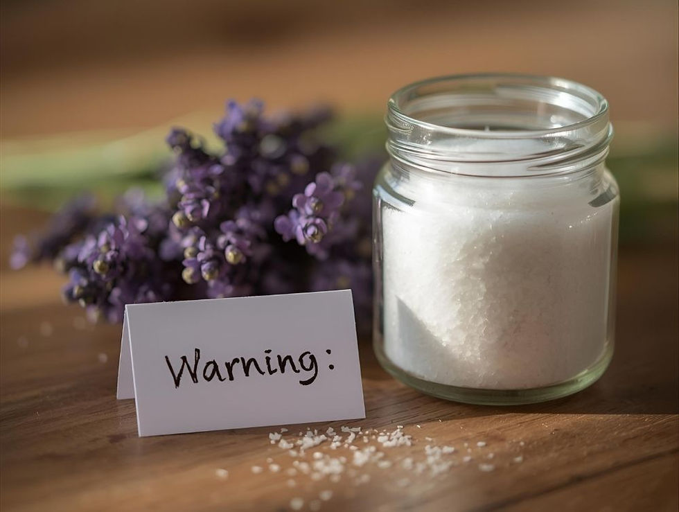Glass jar of white salt with spilled grains on a wooden table, next to purple flowers and a card reading "Warning:". Mood is cautionary.