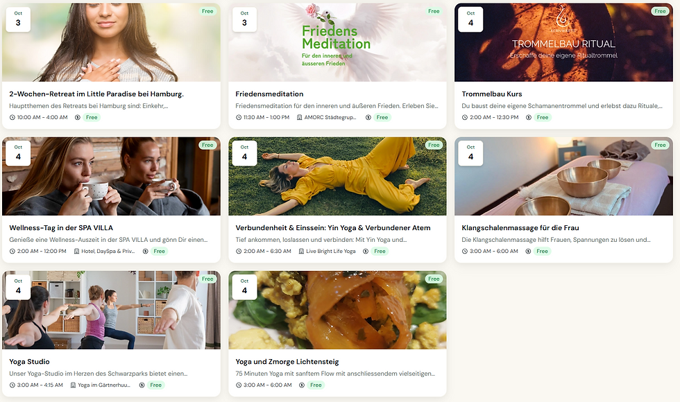 Grid of free wellness event cards with yoga, meditation, spa, and retreat photos; German titles and Oct 3–4 dates shown.