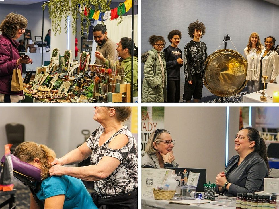 Collage of a lively community fair: shoppers at a craft stall, teens posing by a gong, massage, and smiling booth chats.