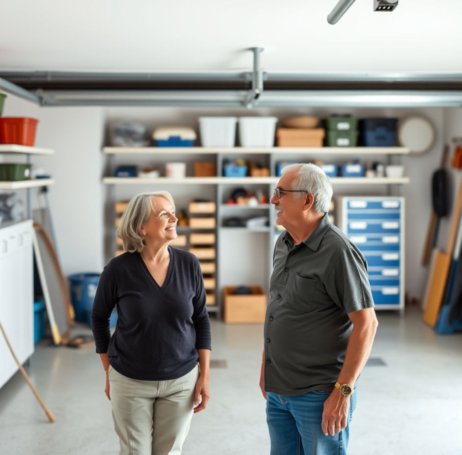 Elderly couple smiling in a tidy garage, surrounded by organized shelves with boxes. Bright, clean space evokes a cheerful mood.