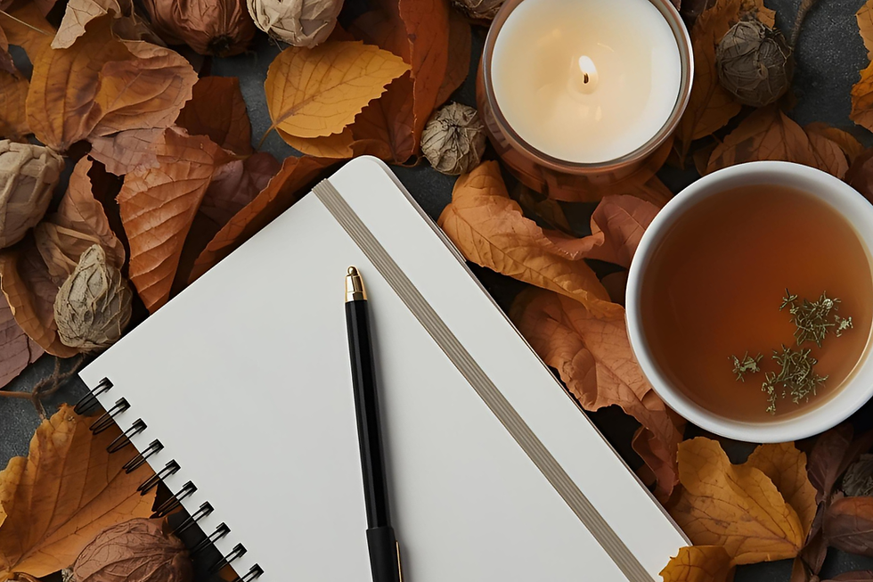 Notebook and pen on fallen leaves with a lit candle and a cup of tea, creating a warm, cozy autumn atmosphere.