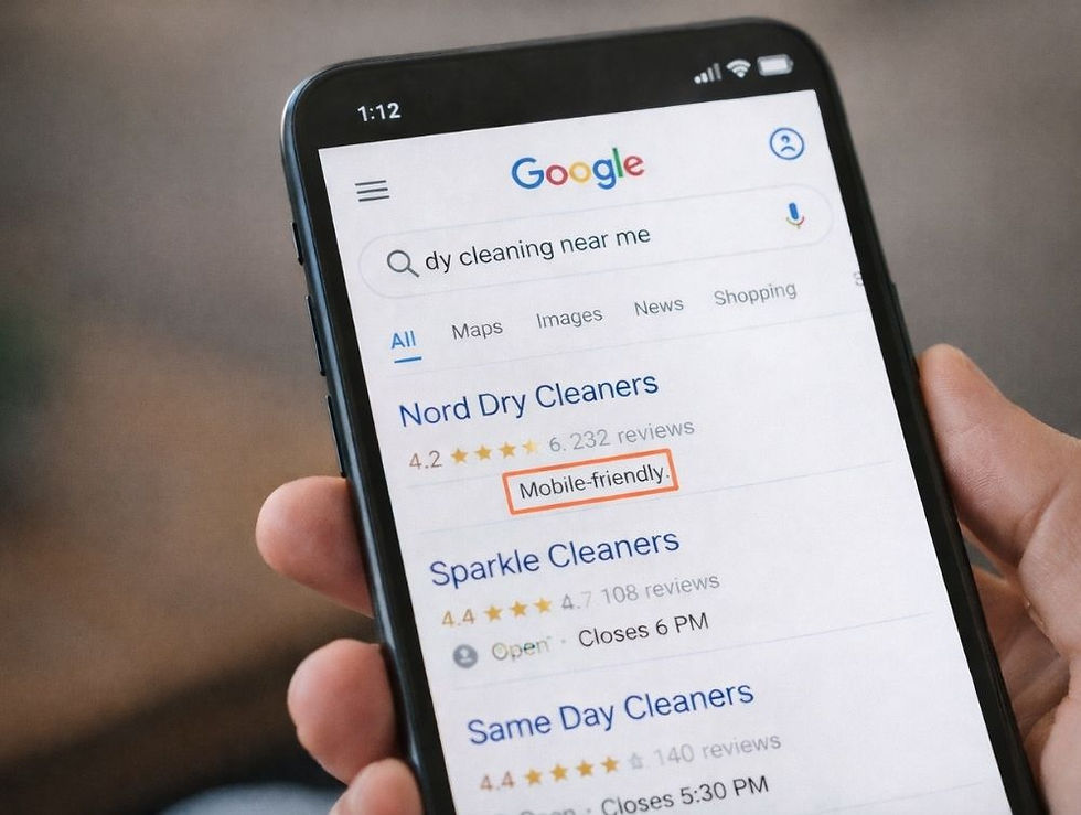 Close-up of a hand holding a phone displaying a Google search for dry cleaning. "Mobile-friendly" is highlighted. Time reads 1:12.