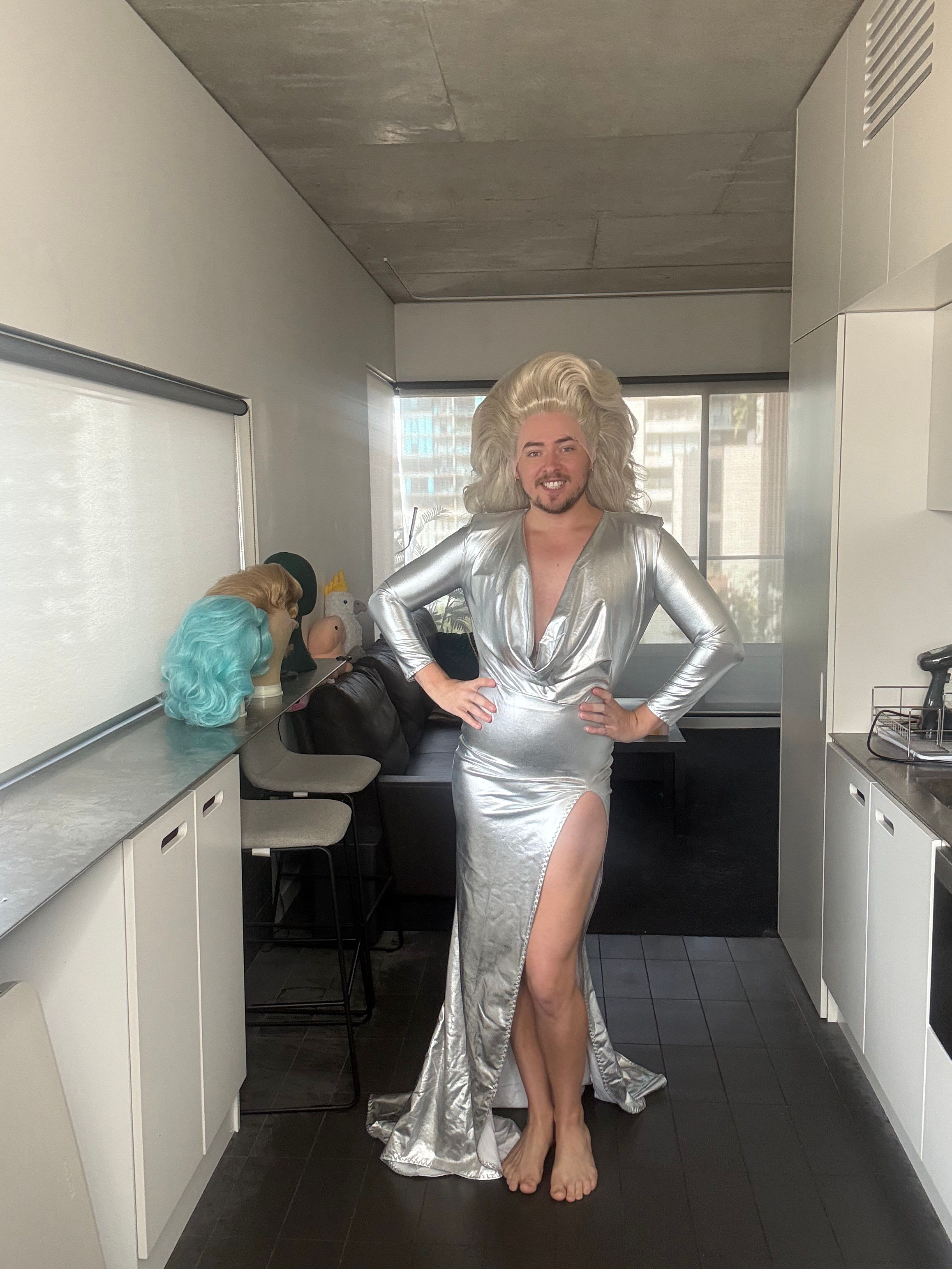 Custom silver cowl neck gown (as pictured)