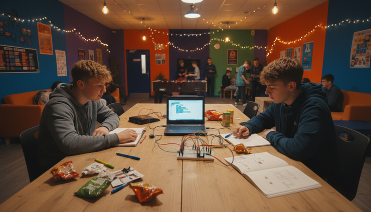Eye-level view of two teenagers building a simple coding project together