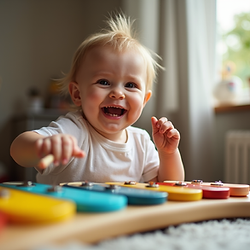 Baby smiles and plays with xylophone