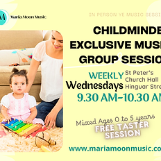 Maria Moon Music branded banner advertising childminder exclusive session with a picture of baby sitting on the carpet with childminders and date of event
