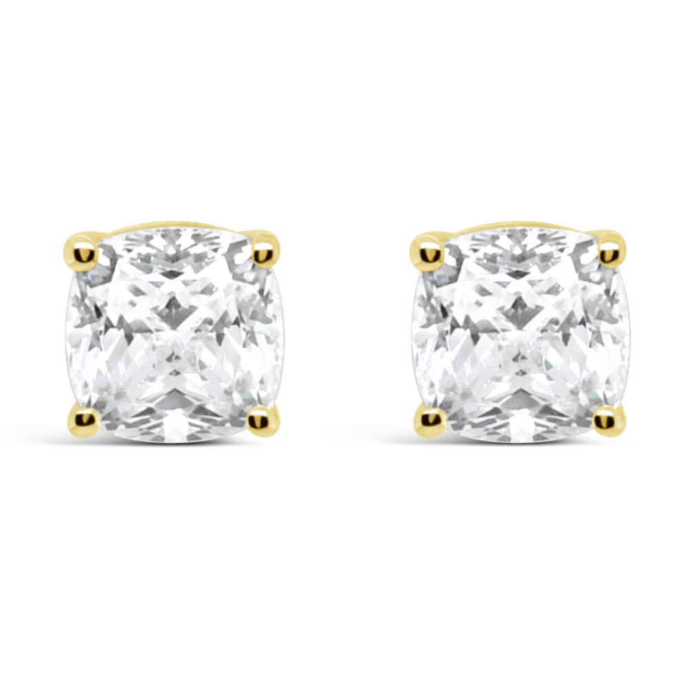 Yellow Gold Plated Sterling Silver Cubic Zirconia Cushion 9mm Studs 155216