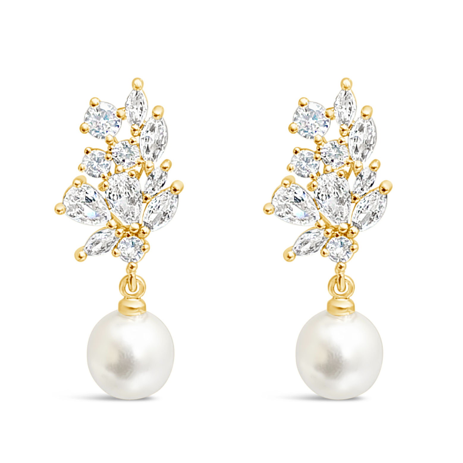 Bridal  Gold Tear Drop Pearl   Cubic Zirconia Earrings 155163