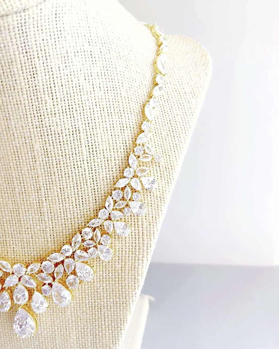 Thumbnail: Bridal Gold  Fancy Tear Drop Cubic Zirconia Necklace 143596