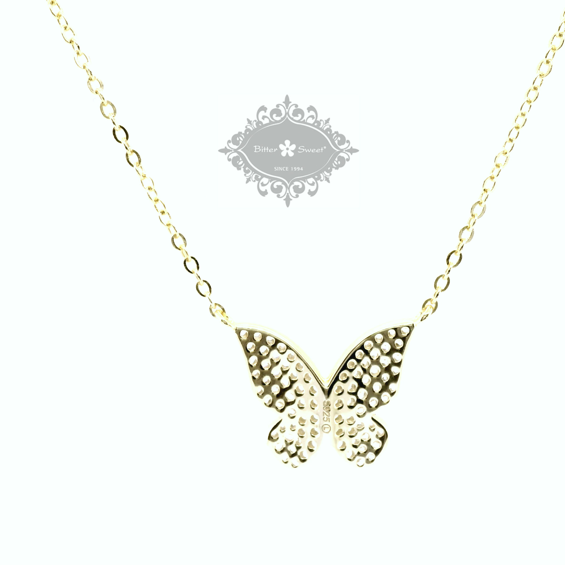 Gold Plated Sterling Silver Butterfly Cubic Zirconia Necklace