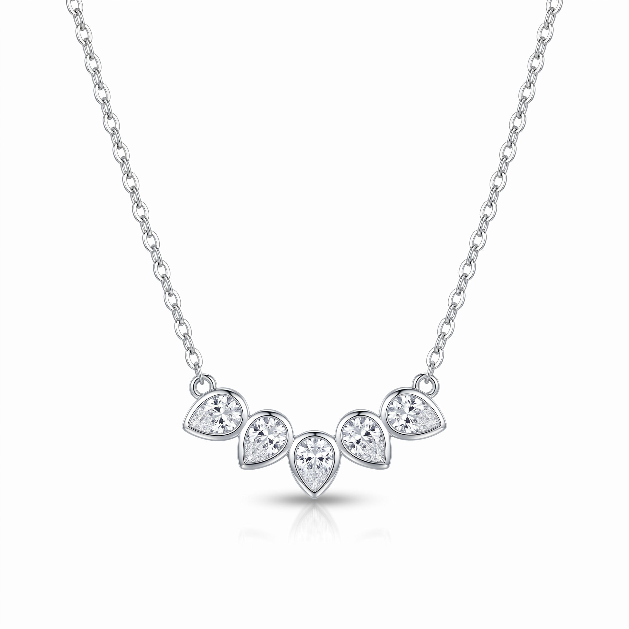 Sterling Silver Rhodium Plated Bezel-Set Teardrop Cubic Zirconia Necklace 157304