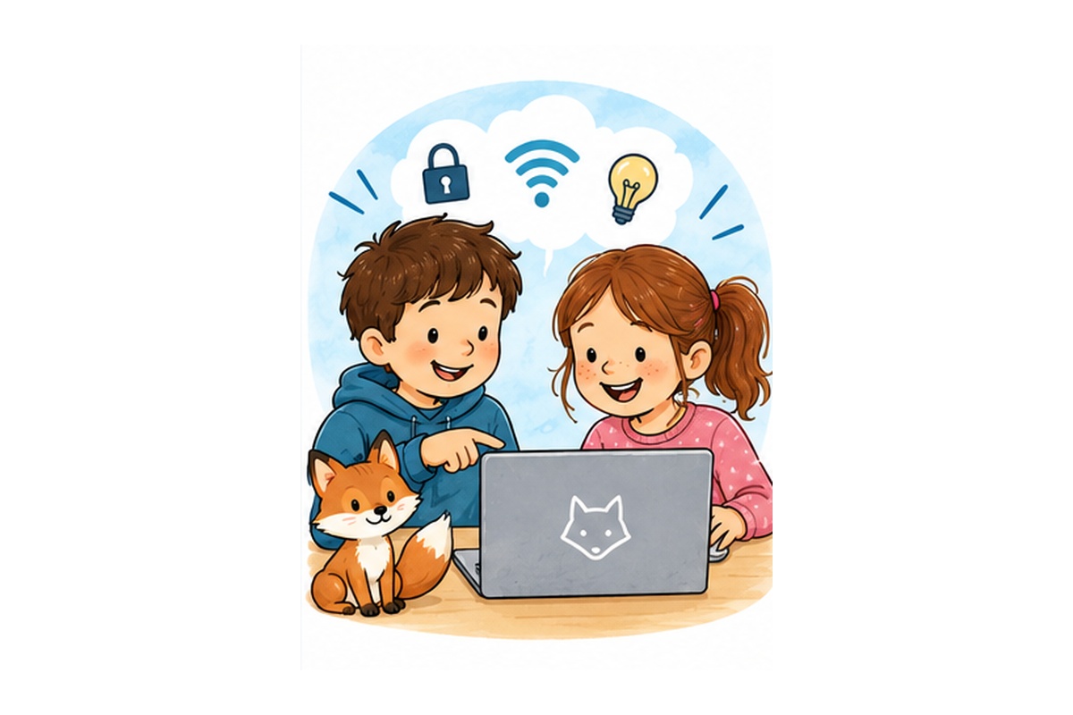 Illustration: Kinder am Laptop mit Schloss und Datenschutz-Symbolen – passend zu „Was ist Datenschutz?“