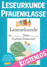 Leseurkunde für die Pfauenklasse mit dem Klassentier Pfau.