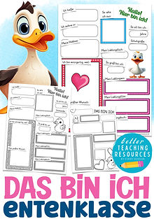 Das bin ich  Arbeitsblätter mit dem Klassenmaskottchen zum Vorstellen in der Grundschule zum Schulstart im Deutschunterricht und DAZ Klassentier Ente oder Entenklasse, kreatives Schreiben Deutsch