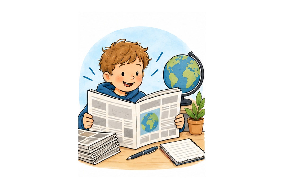 Illustration: Schüler liest eine gedruckte Zeitung im Unterricht – passend zum kostenlosen Zeitungsklassensatz