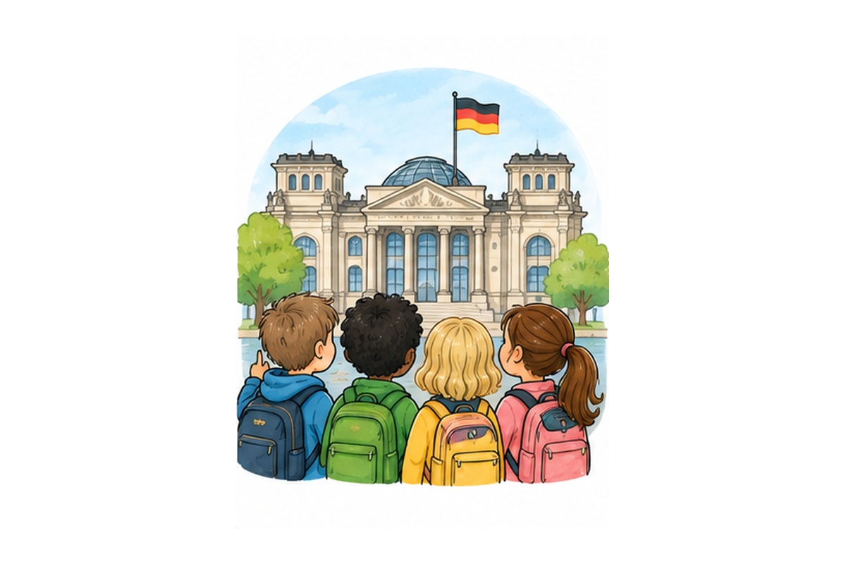 Illustration: Kinder besuchen ein Parlamentsgebäude – passend zu politischer Beteiligung und Mitbestimmung