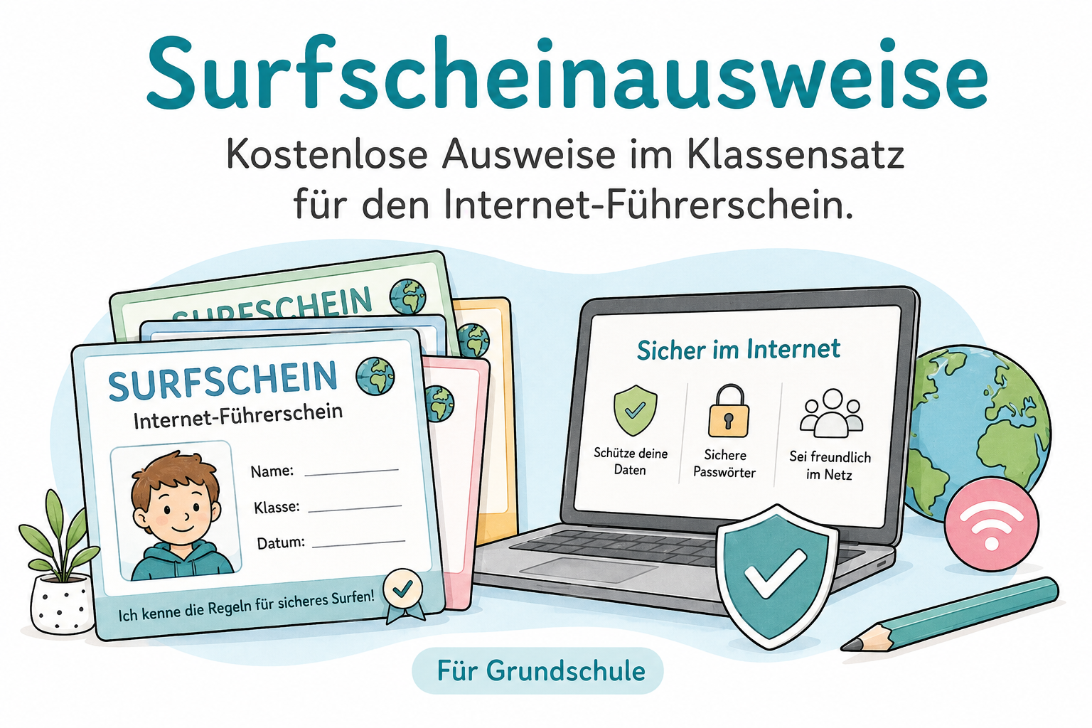 Illustration von Surfscheinausweisen und Laptop – kostenloser Klassensatz für Medienkompetenz in der Grundschule