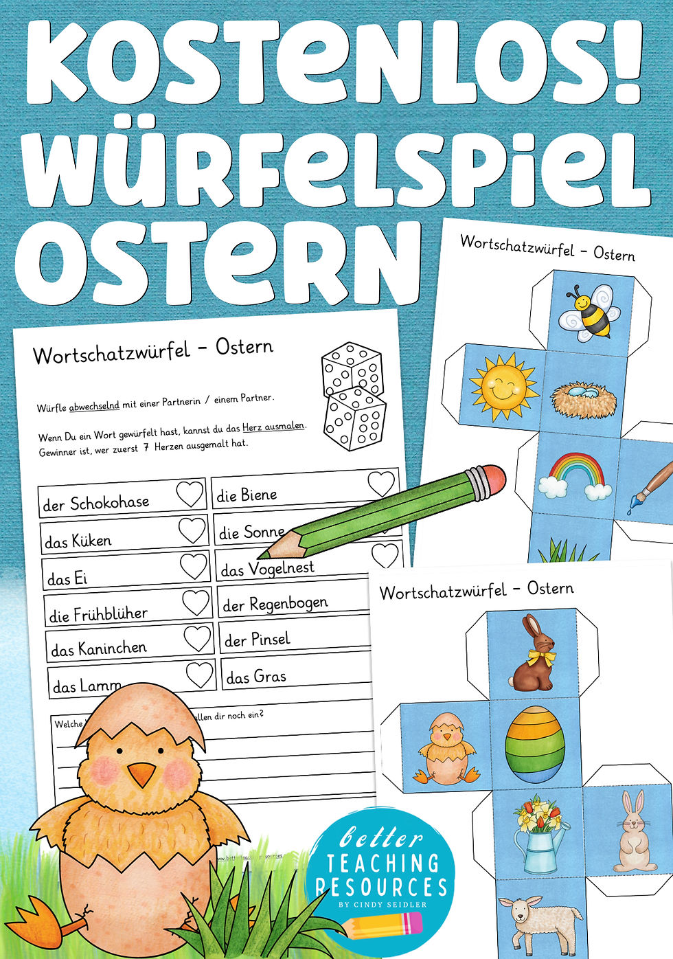 Ostern Wortschatz Würfelspiel Bastelvorlage Deutsch + Deutsch als Zweitsprache kostenloses Material Unterrichtsmaterial PDF
